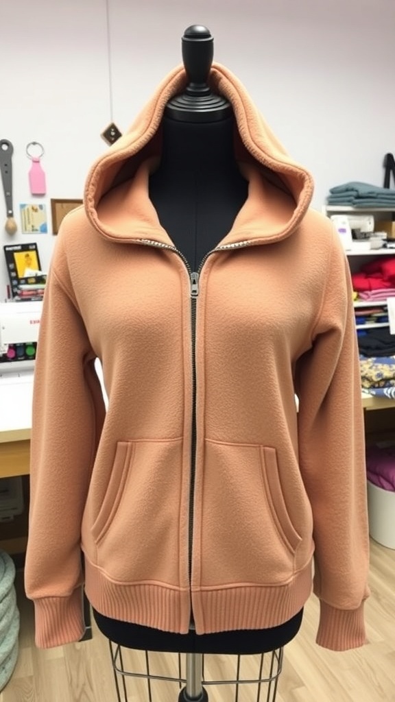 A zip-up hoodie made from fleece fabric, displayed on a mannequin in a sewing workspace.
